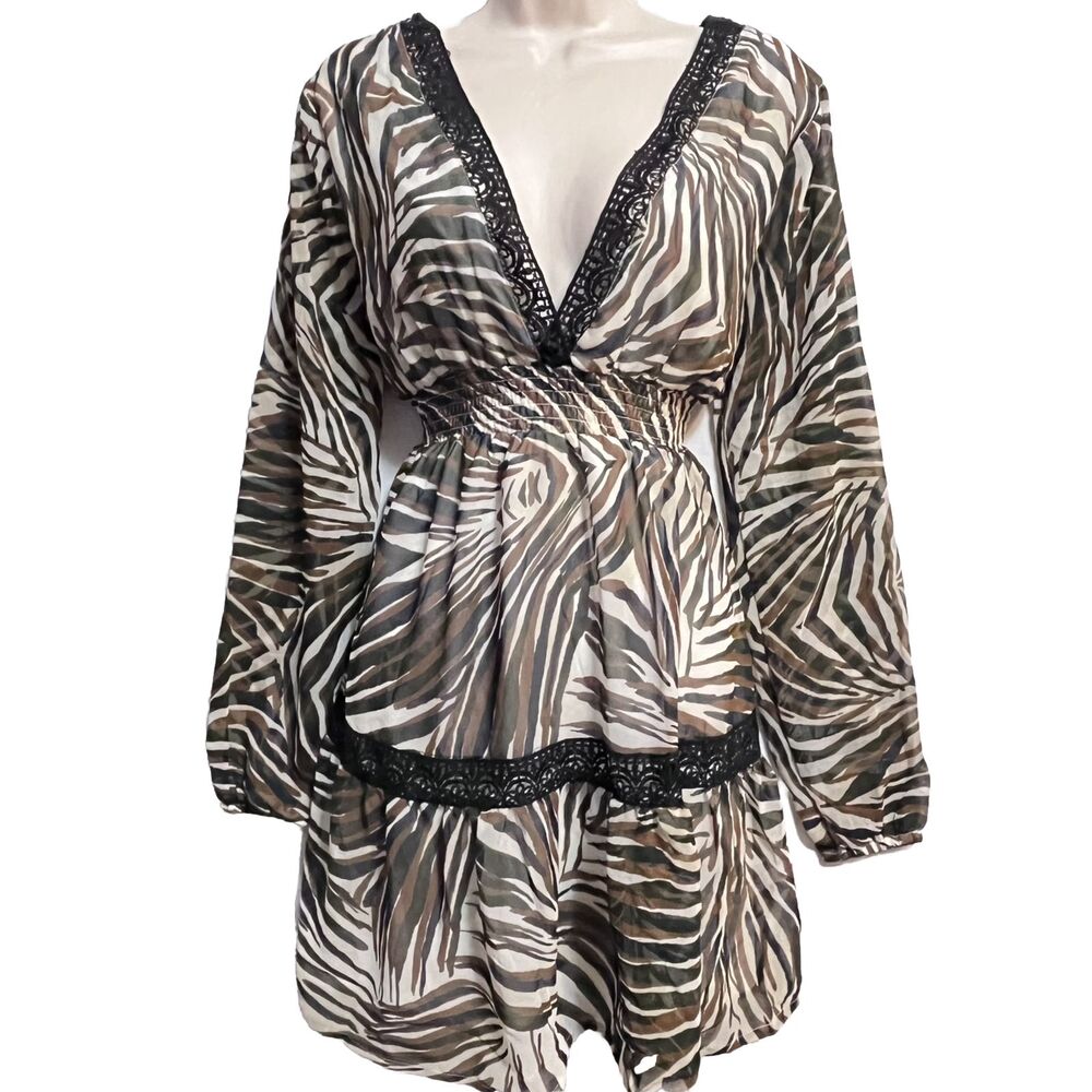 Kendall + Kylie Animal Print Long Sleeve Deep V-Neck Dress Size Medium NWT